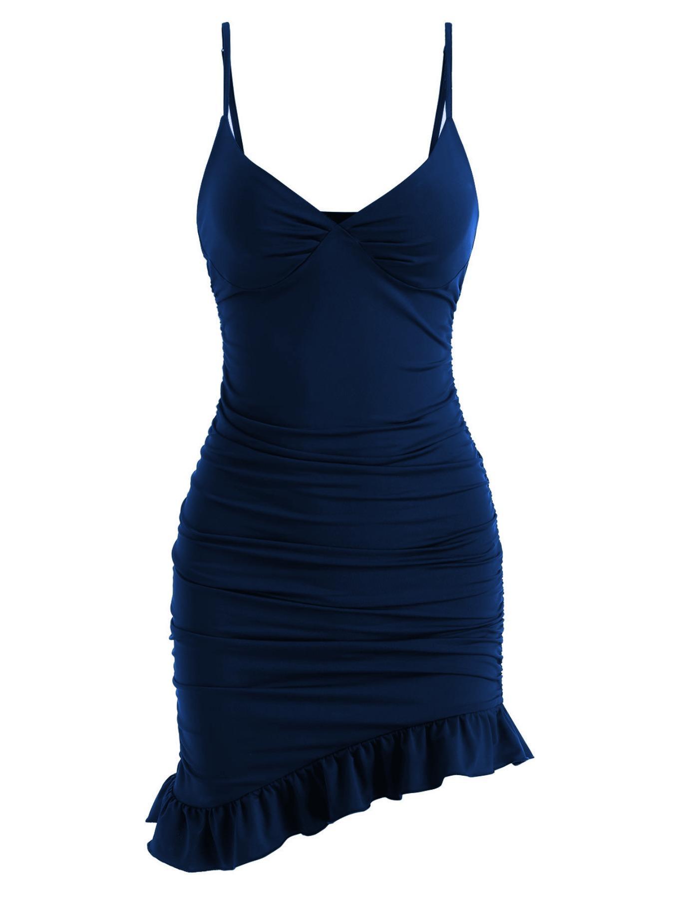 Women's Asymmetrical Ruffle Hem Ruched Cami Bodycon Dress, Summer Dresses, Chic Elegance, Casual Formal Womenswear, Sleeveless Adjustable Spaghetti Strap Mini Sundress for Party Holiday, Slim Fit Polyester Womenswear, Date Night Dresses