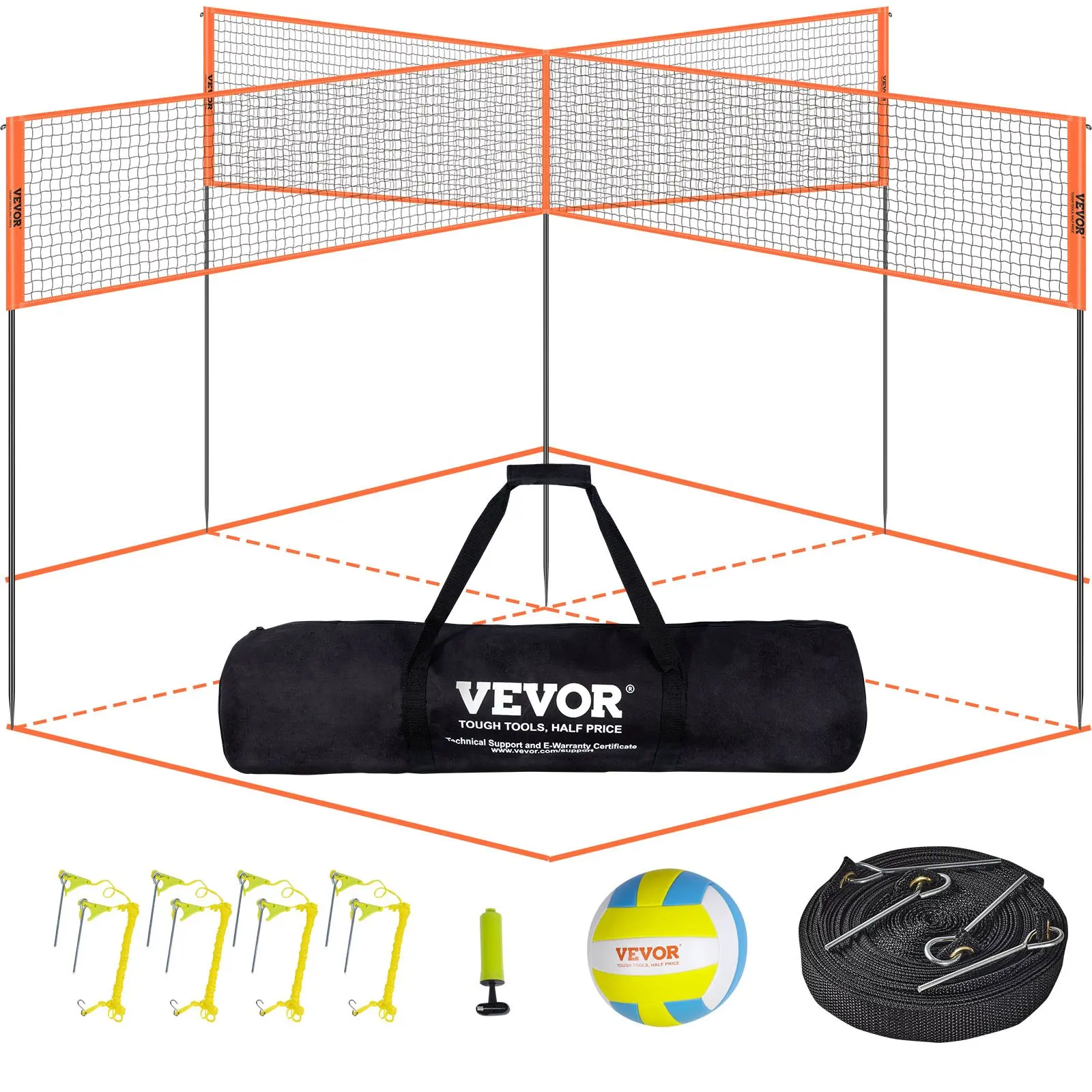 【Summerfinds】VEVOR 4-Way Volleyball Net, Adjustable Height Badminton Net Set for Backyard Beach Lawn, Outdoor Portable Volleyball Net with Carrying Bag, 4 Square Quick Assemble Game Set For Kids And Adults