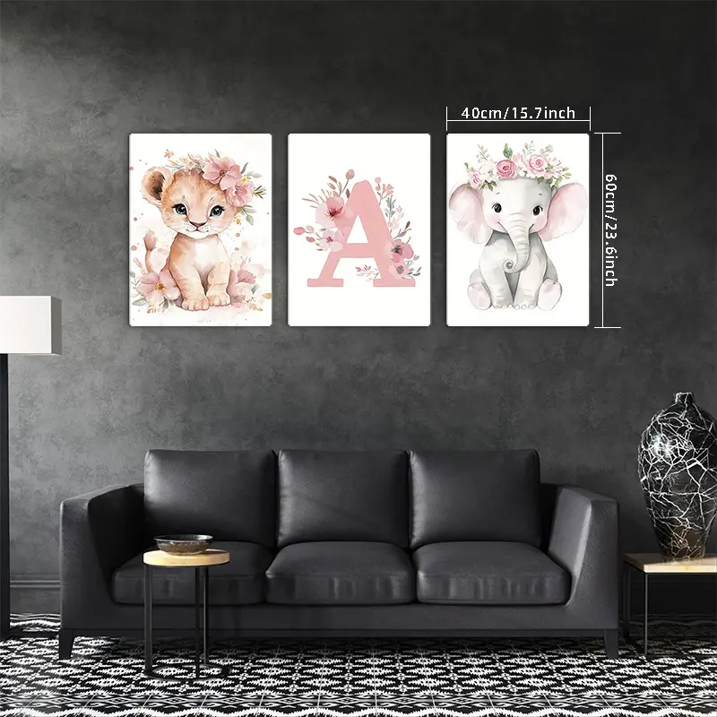 Framed, 3pcs modern animal canvas wall art set reusable lion and elephant with floral patterns, framed rectangular wall decor, suitable for bedroom, living room, and hallway modern style animalthemed wall hangings