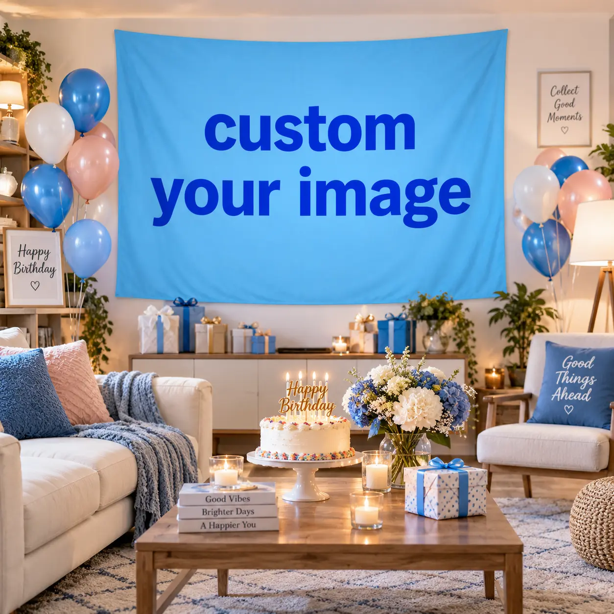 Custom Photo & Name Bright Blue Birthday Backdrop, Personalized Party Banner for Kids Adults Celebration