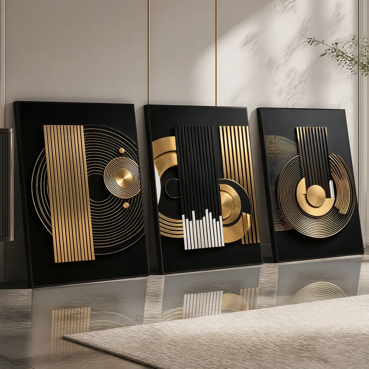 3 Count Aluminum Alloy Frame Canvas, Abstract Geometric Gold Black Art Fashion Poster, Modern Living Room Decoration, Light Luxury Family Art, Suitable For Bedroom, Corridor And Office Metal Wall Decor, Gift