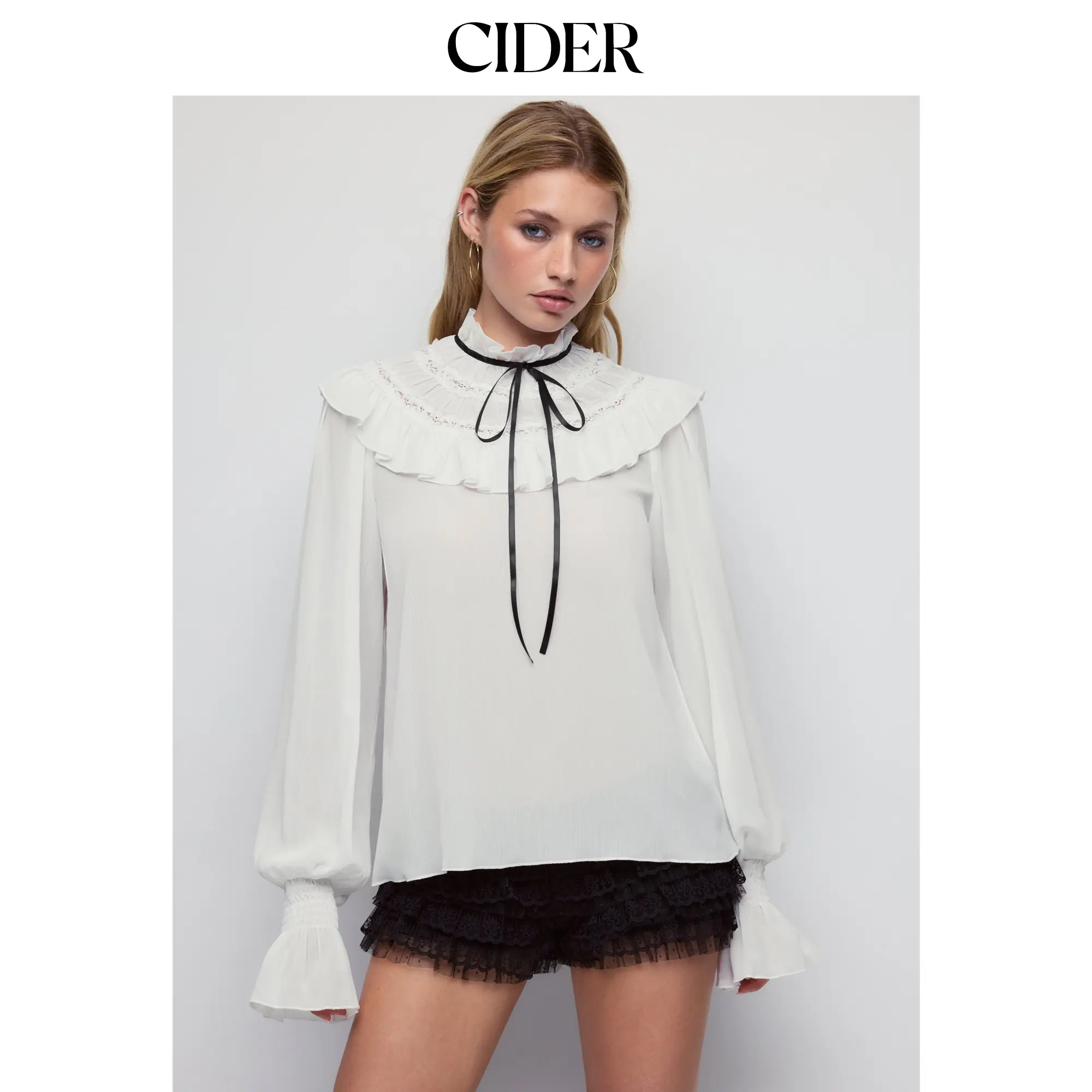 Cider Chiffon Stand Collar Lantern Sleeve Ruffled Lace Bowknot Blouse