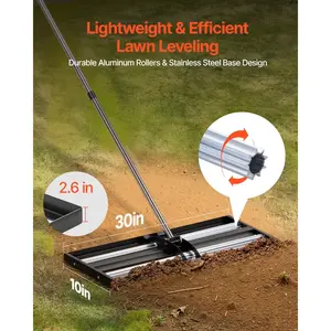 Labor Saving Rolling Lawn Leveling Rake, 30x10in Stainless Steel Yard Leveler with 83.9" Adjustable Handle, Fix Uneven Bumpy Lawns, Heavy Duty Grass Smoothing Tool for Backyard Golf Court