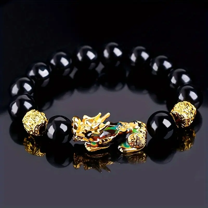 Retro Golden & Black Bracelet Unisex Feng Shui Good Luck Pixiu Dragon Pendant - Tiger Eye Stone Bracelet, Bring Wealth A