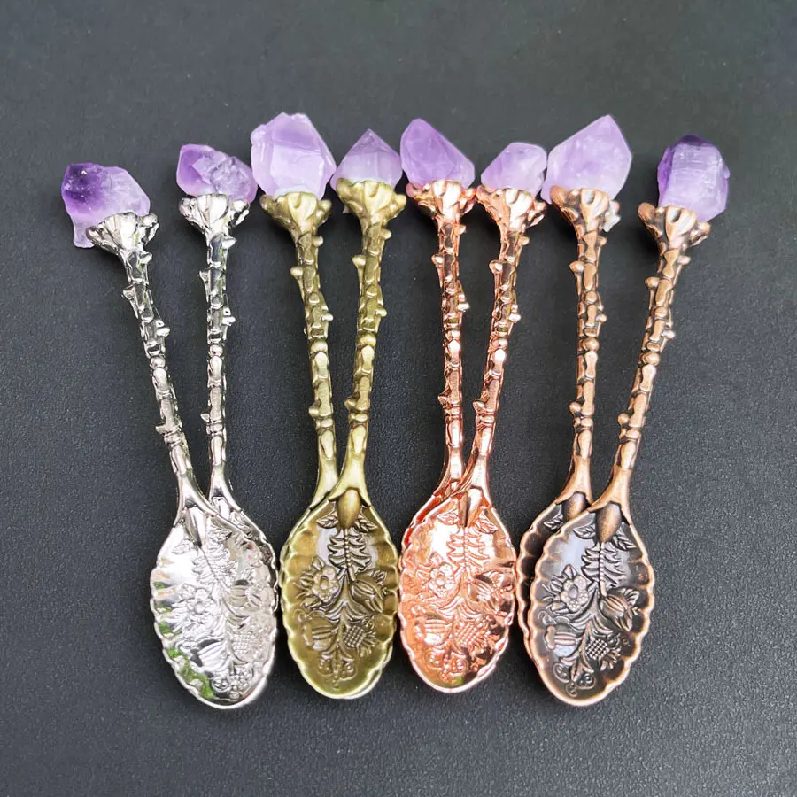 4PC Gothic Witchy Spoons Set - Natural Amethyst Raw Stone, Vintage Carved Alloy Metal Coffee/Tea Stirrers, Color-Retaining Dessert Spoons for Home Cafe Decor Gifts