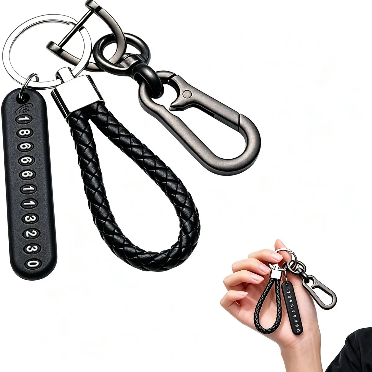 Car Phone Number Keychain, Anti-Loss Number Plate, Metal Leather Material, Six Digit Plates, Emergency Contact Portable Car Accessory