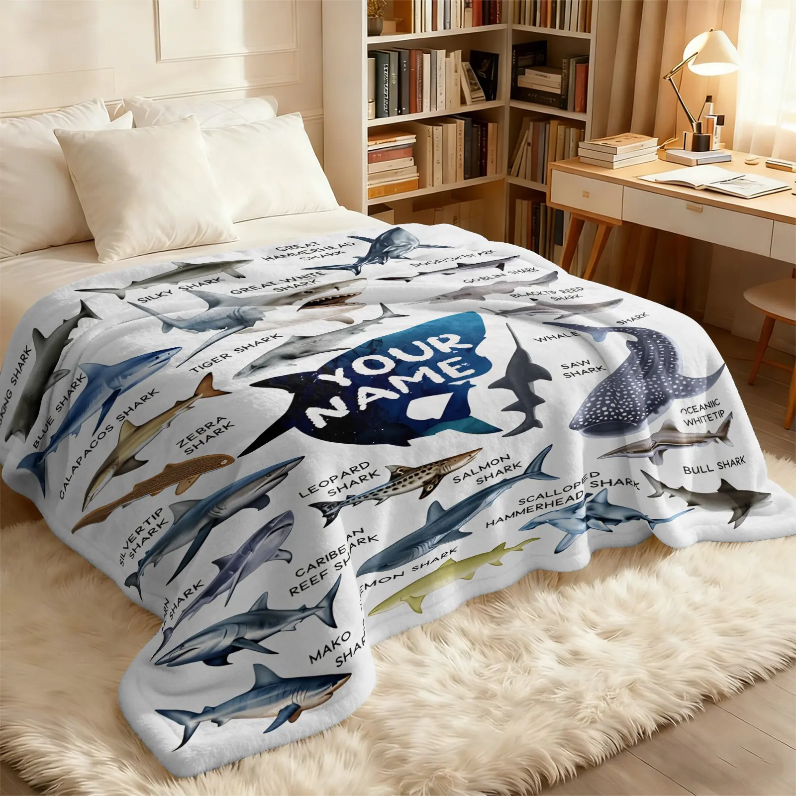 Shark Species Chart Flannel Throw Blanket, Various Ocean Shark Educational Print, Oversize Lightweight Multi-use Blanket for Nap, Camping, Travel & Sofa Bed, Shark Lover Custom Gift, Cozy Throw Blanket