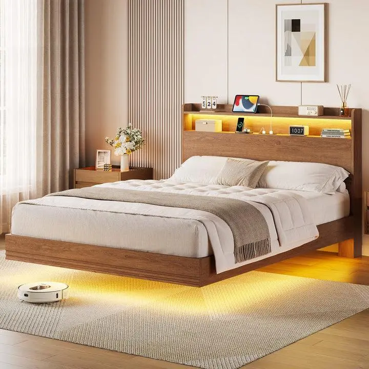 SIKAIC Modern Engineered Wood Floating Bed Frame with Floating Legs, Storage Headboard, Charging Station, 3-Color LED Lights & Under-Bed Lighting - Queen/Full Size for Modern Home Decor