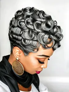 Glueless Pixie Cut Curly Human Hair Wig for Women, Short Layered Design with Full Bangs, Natural Texture, Multiple Colors Available