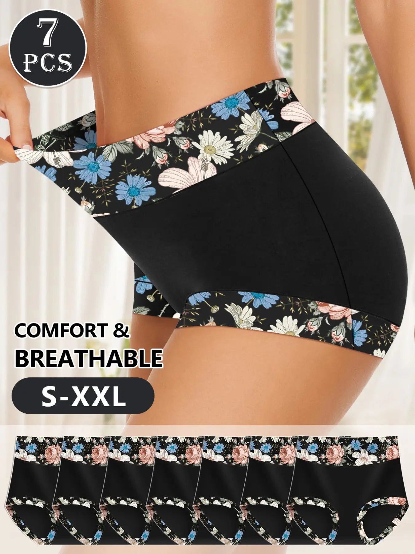 7-Piece Women's High-Waisted Underwear Set, Trendy Breathable Triangle Pants, Daily Wear Full Back Coverage Panties