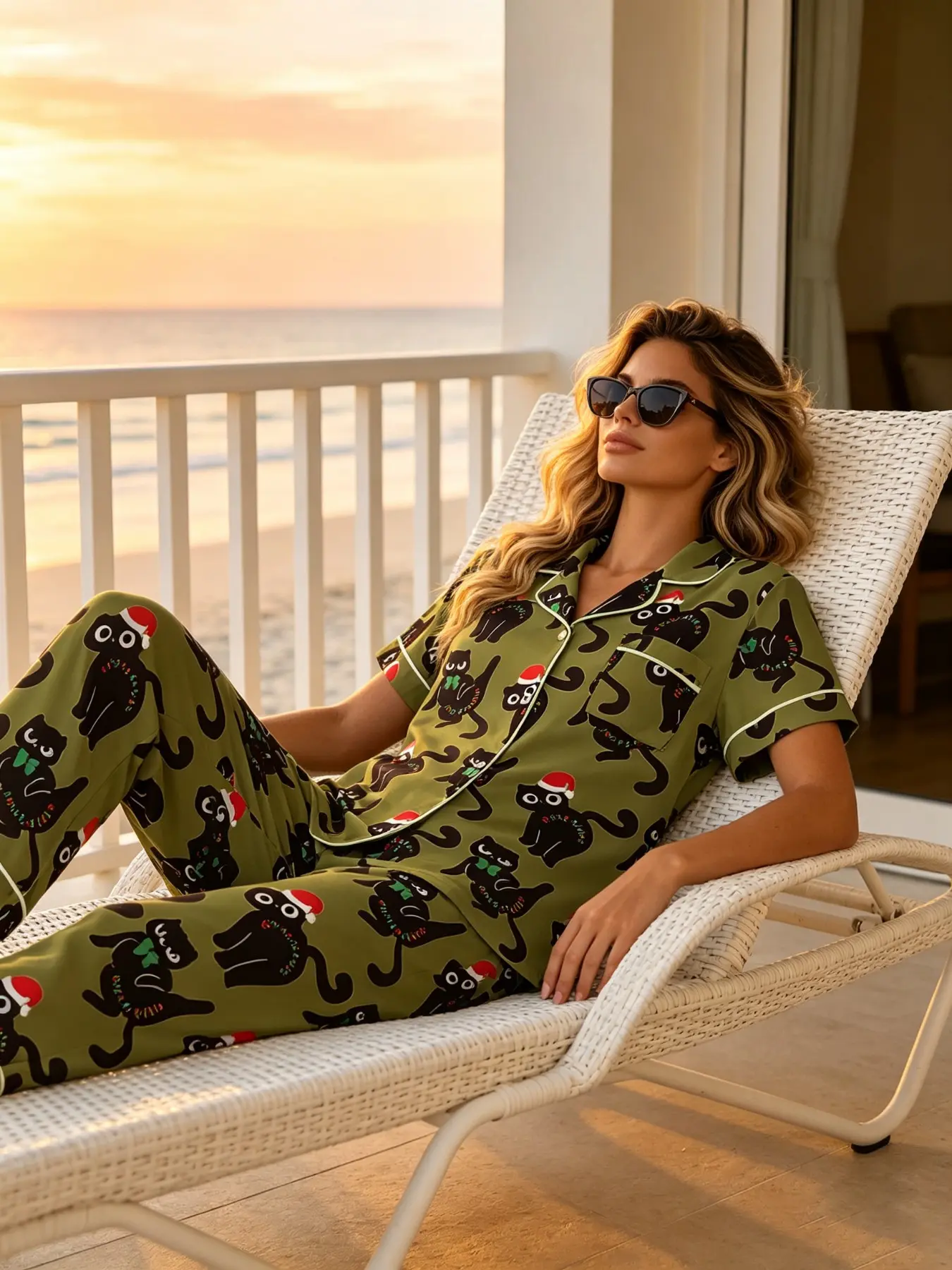 Base Cute Christmas Cat Print Pajama Set, Short Sleeve Ankle-Length, Loose-Fit, Soft Breathable, 2-Piece Sleepwear for Women