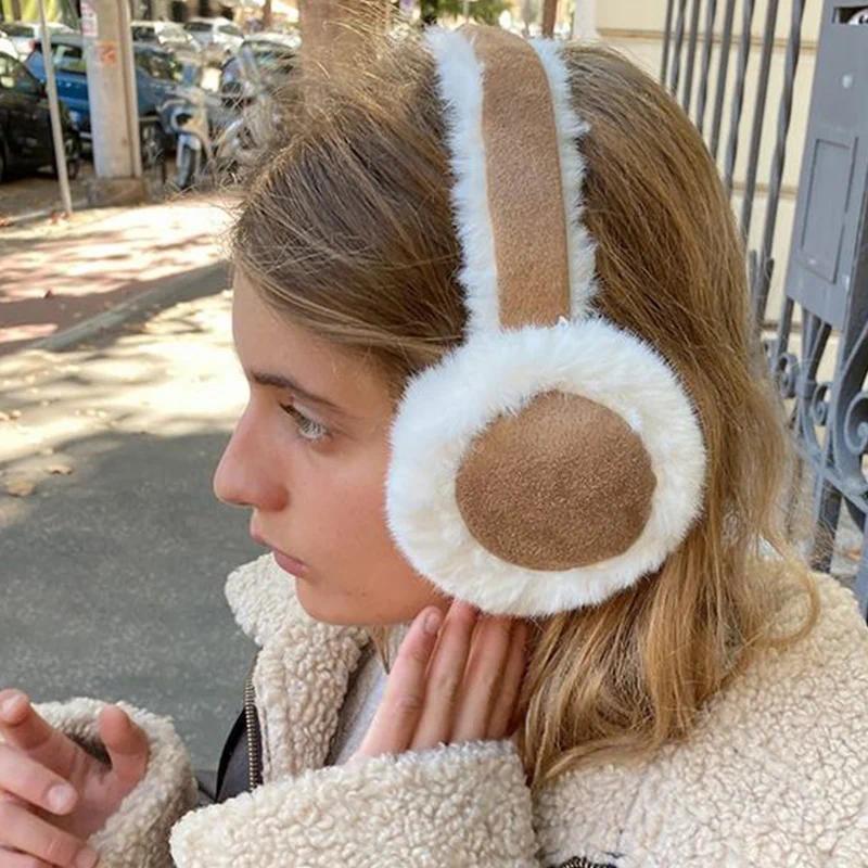 Wool Plush Earmuffs Ear Warmers Women New Khaki Fashion Sheepskin Fur Earmuffs For Winter Warm Headphones Muffs Woman Cover