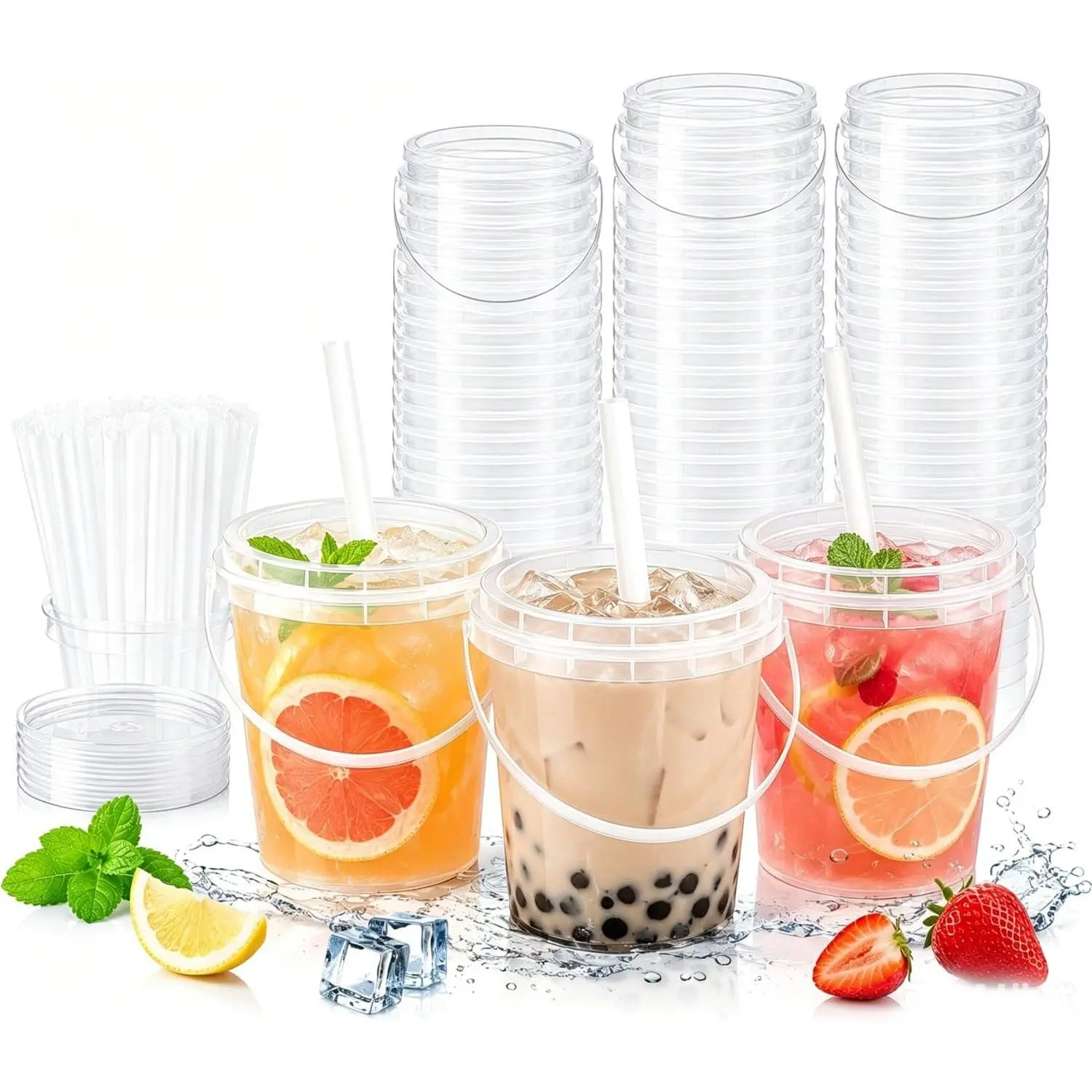42 Pack 34 oz Plastic Bucket Cups with Lids, Straws & Handles, BPA Free Clear Drink Buckets for Smoothies, Iced Coffee, Milkshakes, Reusable Party Cups for Pool, Beach & Events