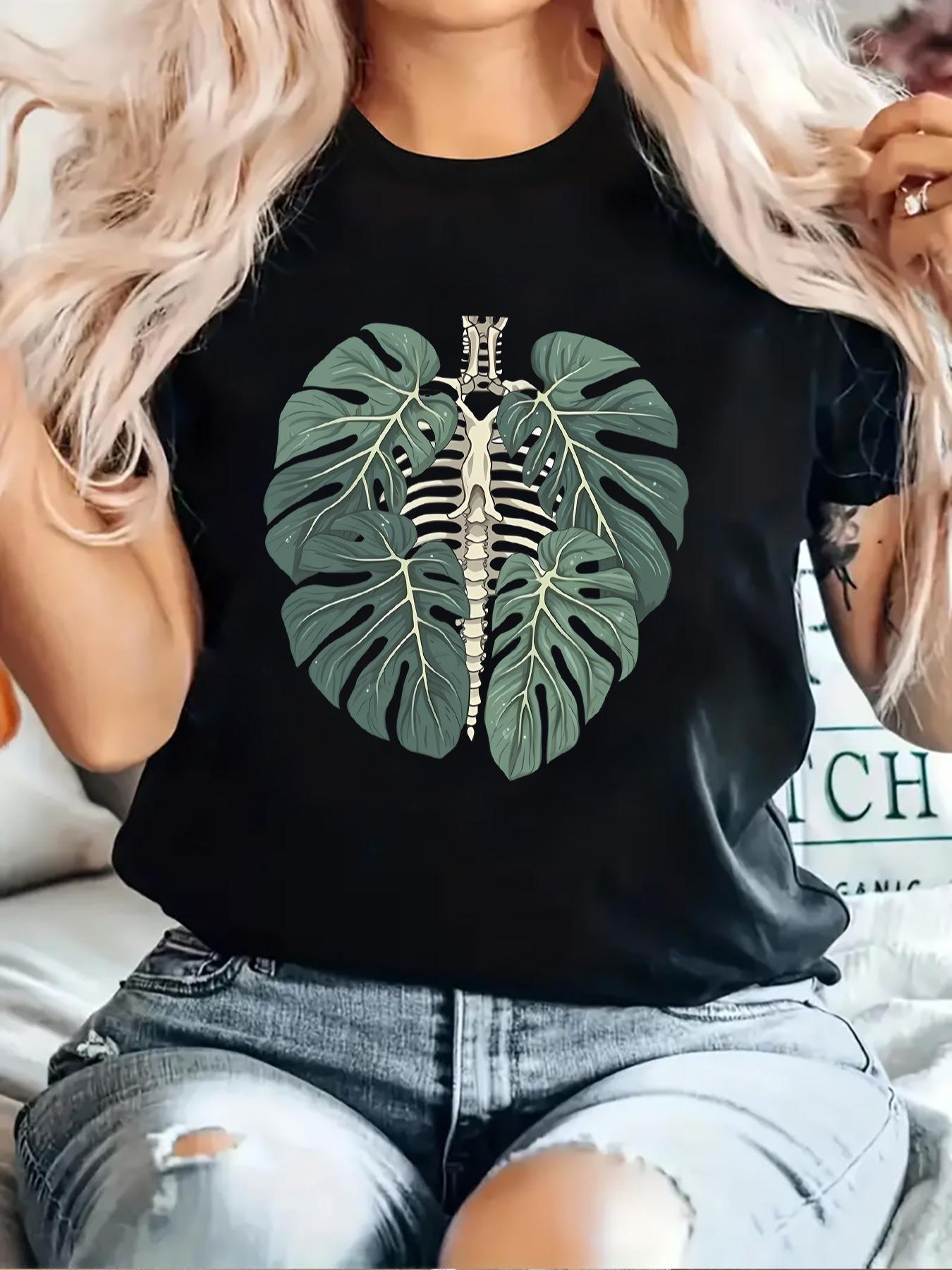 Women's Leaf Print Round Neck Graphic Tee, Vintage Trendy Bohemian Chic Casual Drop Shoulder Short Sleeve T-shirt for Daily Wear, Ladies Summer Clothes, Streetwear Tshirt, Tops