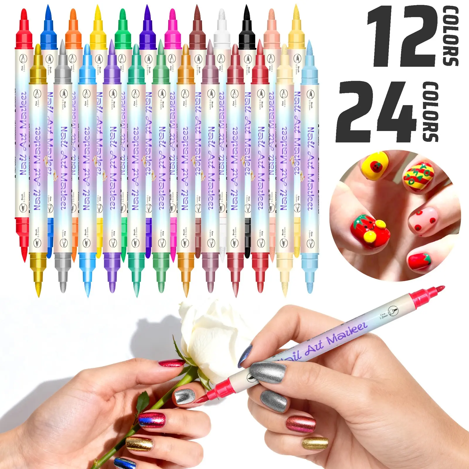 12/24 Color Dual-Ended Nail Art Design Doodle Pens, Fluorescent Tips, DIY Manicure Tools, Professional Nail Art Supplies, Nail Art Accessories, Home & Salon Use, Nails Supplies