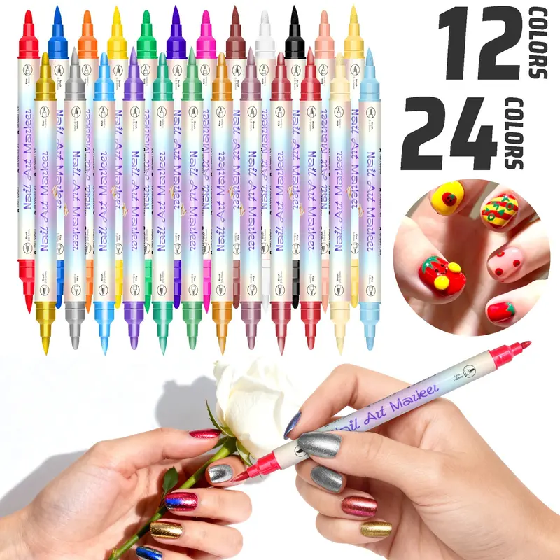12/24 Colors Dual-Ended Nail Art Doodle Pens, Nail Art Design, Fluorescent Tips, DIY Manicure Tools, Professional Nail Art Supplies, Home & Salon Use, Nail Art Product