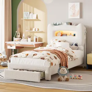 Upholstered LED Bed Frame with Storage Headboard and Drawers, Heavy-Duty Support, No Box Spring Needed, Twin/Full Size for Kids