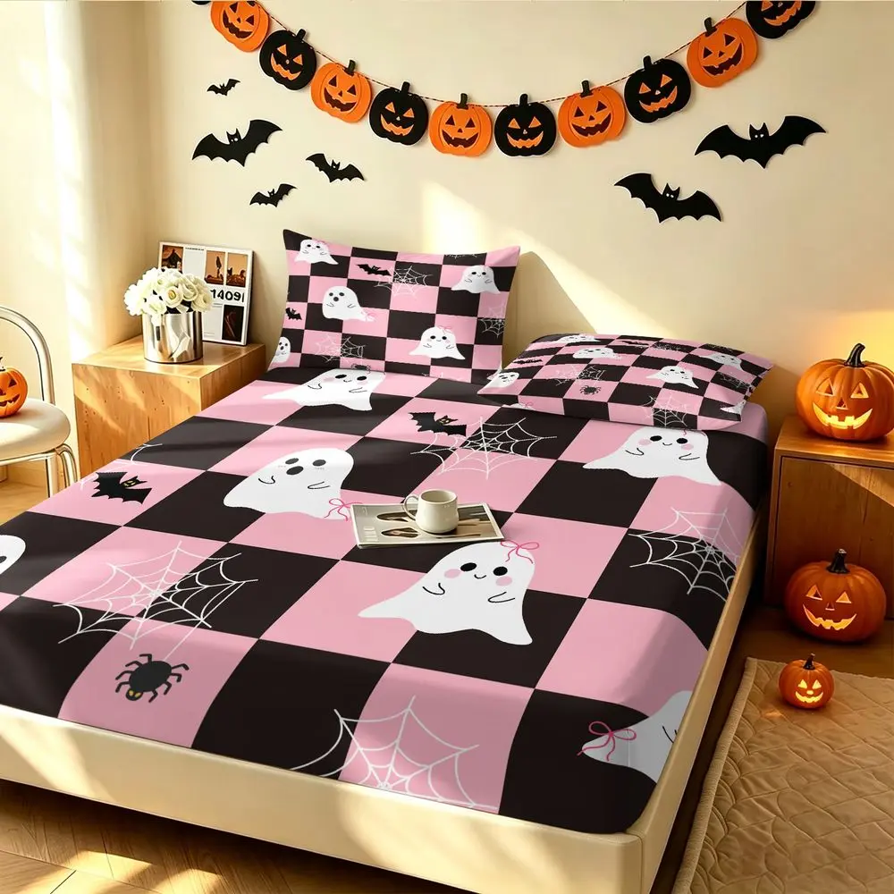 3Pcs Cute Pink Ghost Checkered Bed Sheets Set, Kawaii Spooky Halloween Bedding Set, Soft Microfiber Fitted Sheet Set for Teen Girls Bedroom Decor, All Season Cozy Home Textile No Fillers