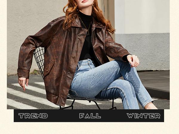 Casly Lamiit Women's Faux Leather Jackets Long Sleeve Zipper Oversized Motorcycle Biker Coat Trendy Travel Casual Outfits Stand Collar Multiple Colors Outerwear Wind & Water-Resistant Premium Faux Leather leather jacket women