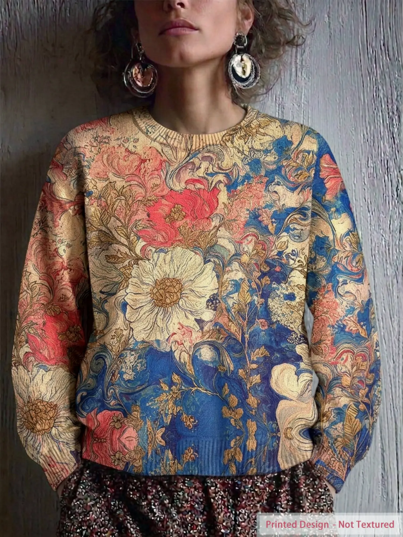Women's Soft Knitted Long Sleeve Crew Neck Fitted Pullover Sweater, Tops, Knitwear, Printed Bohemian Rustic Vintage Print, Ribbed Knit Casual Style, Soft Comfortable Stretchy Fabric, Perfect for Daily Wear, Home Casual Wear, All Seasons Warm Cozy Sweater