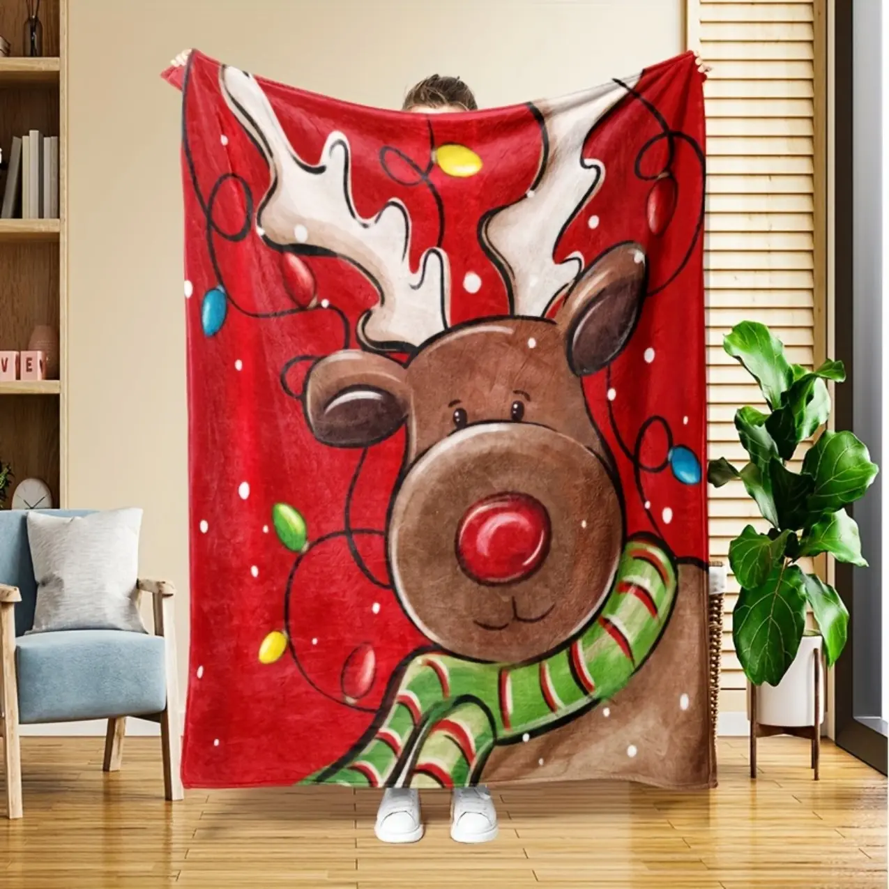Christmas Reindeer Pattern Fleece Blanket, Cozy Soft Holiday Throw Blanket for Napping Sofa Bed, Winter Home Decor Blanket, Lightweight Warm Blanket for Bedroom Living Room, Christmas Gift for Kids Adults