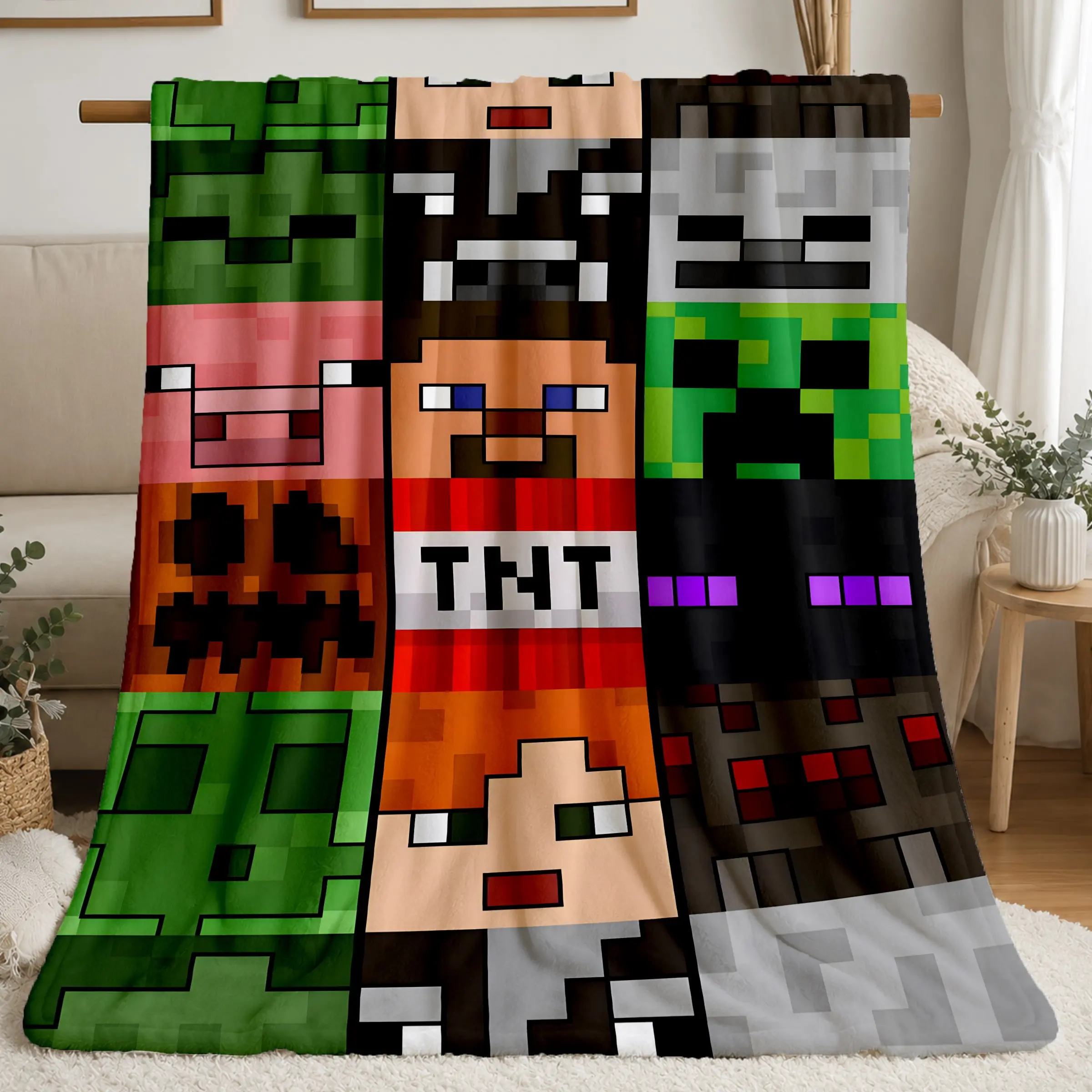 Minecraft Pixel Game Soft Flannel Blanket, Classic Characters Pattern, Home Decor, Sofa Bed Cover, Mc Player Collection, Gaming Lovers' Must-Have