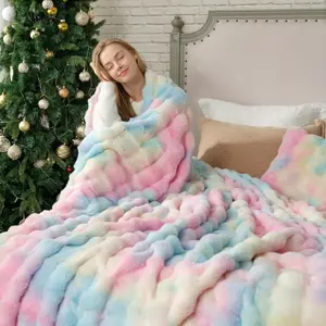 All Season Luxury Faux Fur Bubble Blanket Ultra Fluffy Warm Decor Blanket for Bedroom Couch
