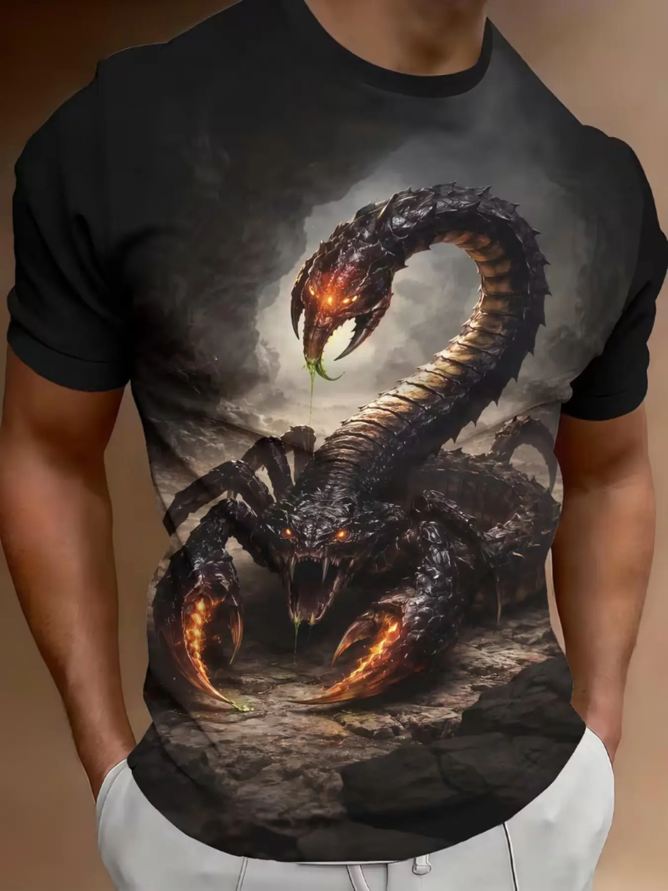 Men's Casual Short Sleeve T-Shirt, Scorpion Pattern Digital Print, Loose-Fitting, All Seasons, Trendy Fashion Top, No Zipper, Unlined
