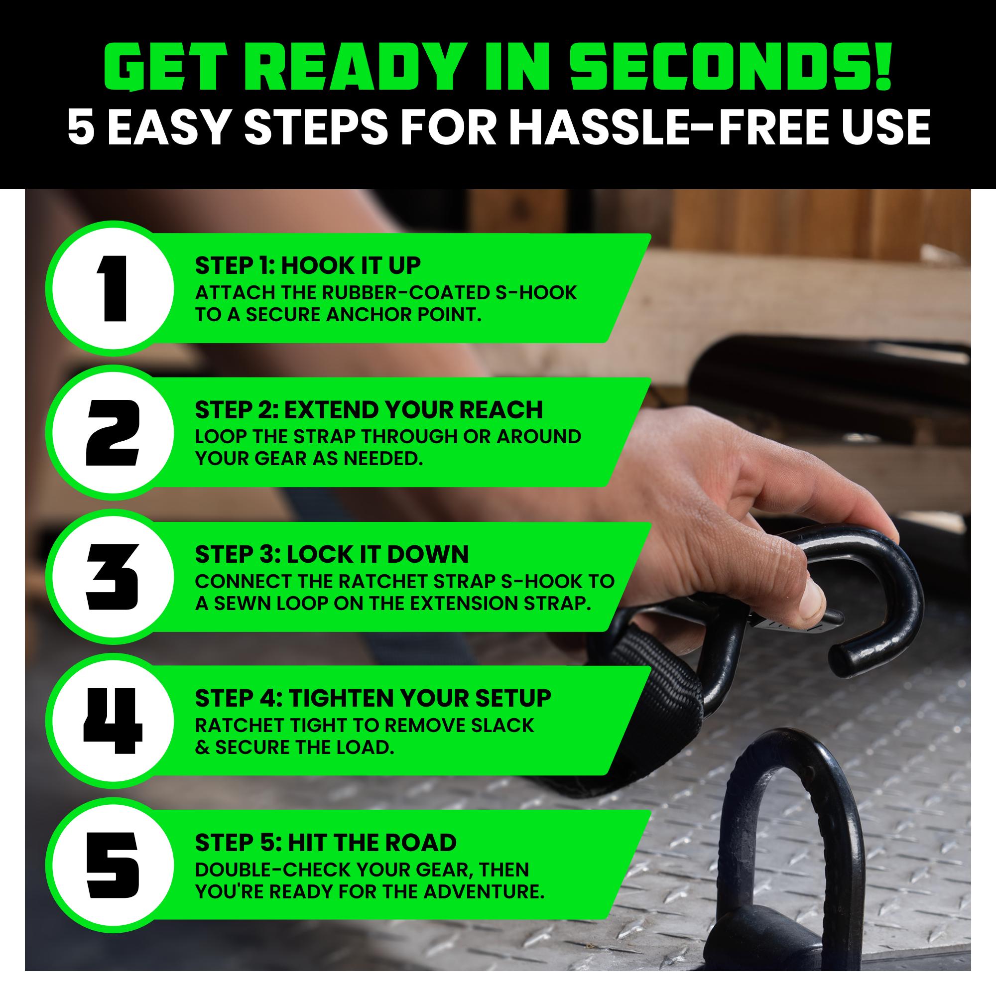 USA 1" x 20' Ratchet Strap Extension (2 Pack) with Loops Every 5 FT, S-Hook with Safety Clip – 1,209 LB Break Strength – Cargo Tie Down for Oversized Loads, Boxes, Moving, Hauling