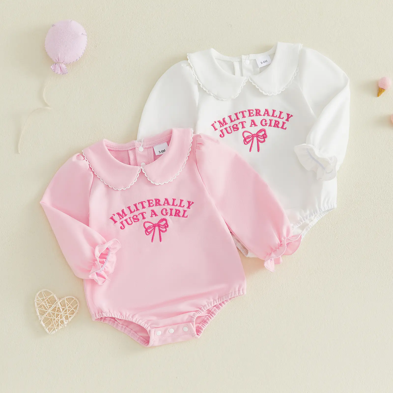 Babamoon Polyester Newborn Infant Baby Girls Long Sleeve Embroidered Bow Romper Onesie Bodysuit, 0-18M Baby Clothing