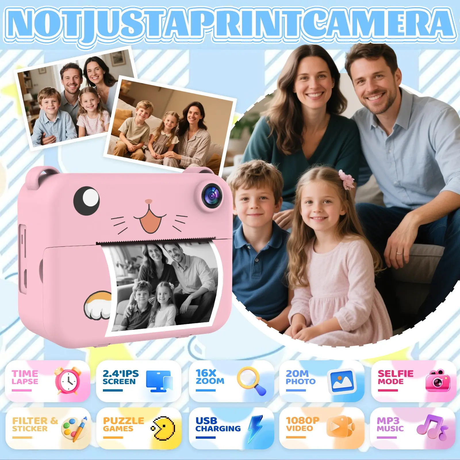 P2 Instant Print Camera for Kids, Mini Portable Beginner Photography, 1080P HD Video Recording, Three Rolls Printing Paper, Ideal Gift
