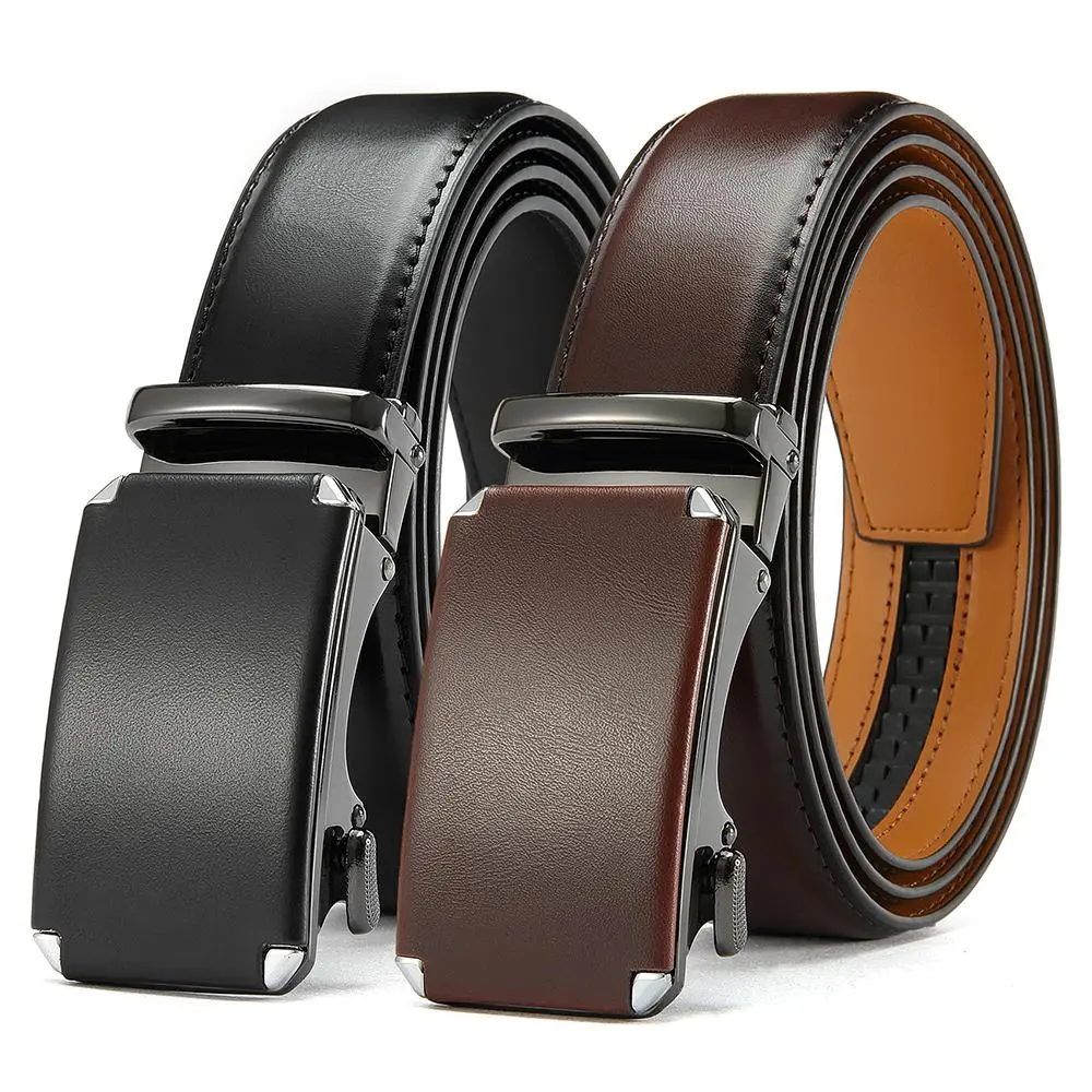 Men's 2-Pack Leather Ratchet Belts - Adjustable Band Men's Belts, Smooth Straps, Plain Metal Auto-Lock Buckle with Sleek Accents, Black & Coffee Brown, for Formal & Work Casual Outfits, One-Size, Plain Metal Men's Belts