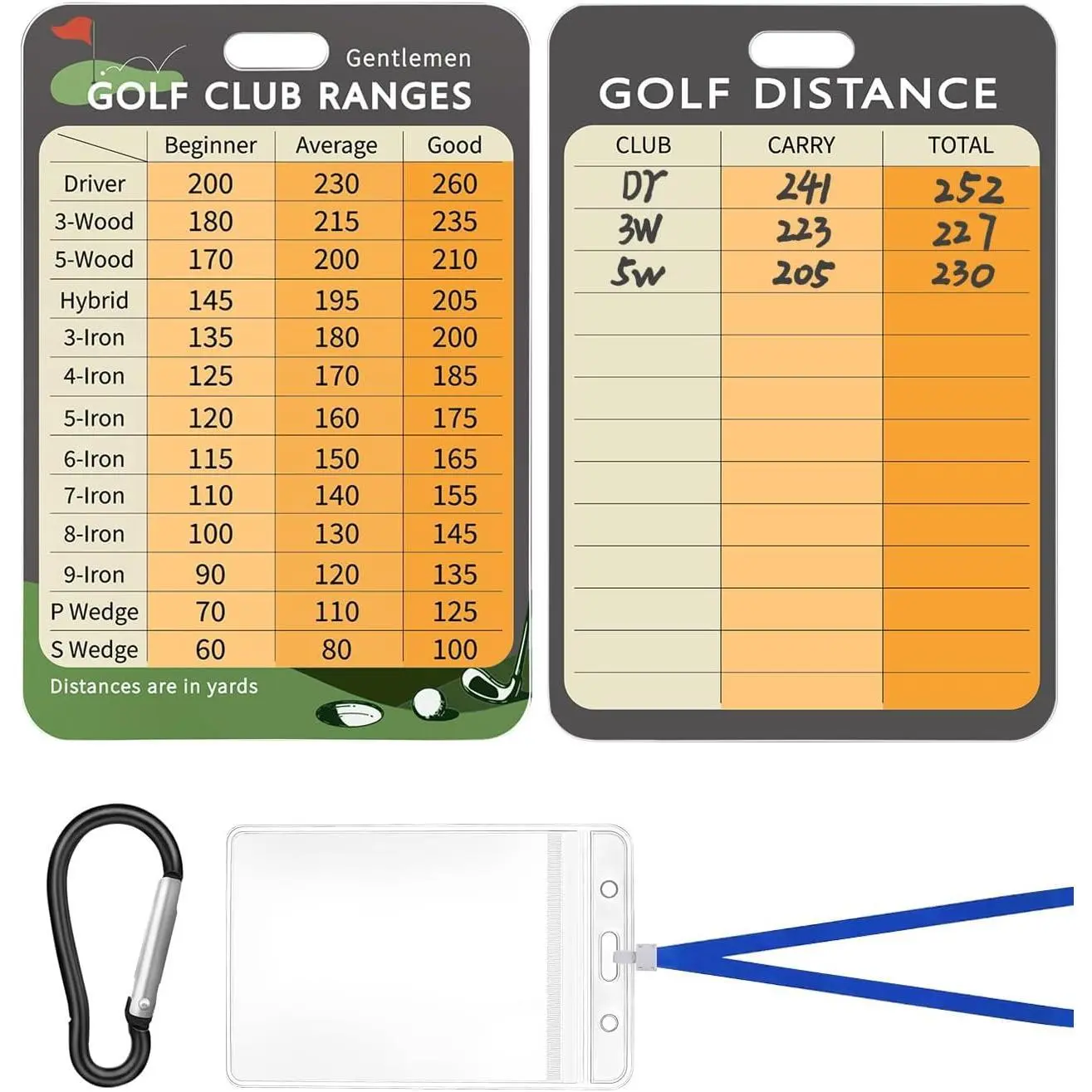 Golf Club Distance Card - 2 Pack or 1 Pack Golf Club Range Chart Card, Swing Minder Reference & Blank Distance Yardage Scorecard, Golf Bag Accessories Gifts for Men Women Golfers