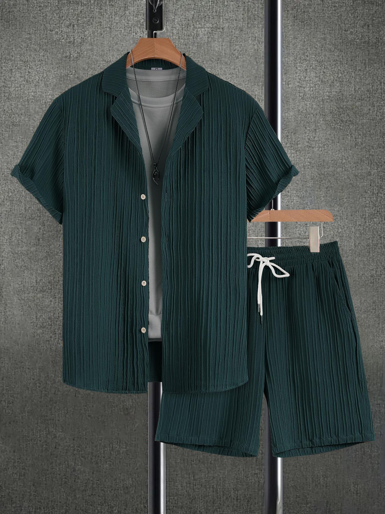 Men's Solid Short Sleeve Top & Shorts Set, Regular Fit Casual Top & Shorts, Men's Summer Clothes, Menswear, Tropical