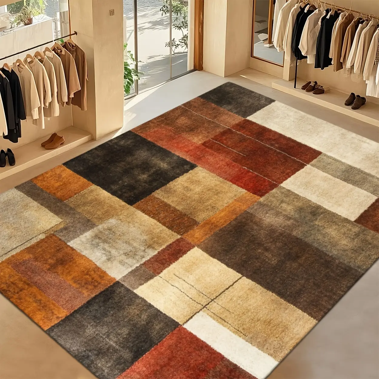 2D digital printing, exquisite color block pattern commercial style carpet, commercial anti-slip mat, entrance mat, welcome mat, suitable for studios, showrooms, cafes, dessert shops, shopping malls, supermarkets, restaurants, offices, dance studios, gyms