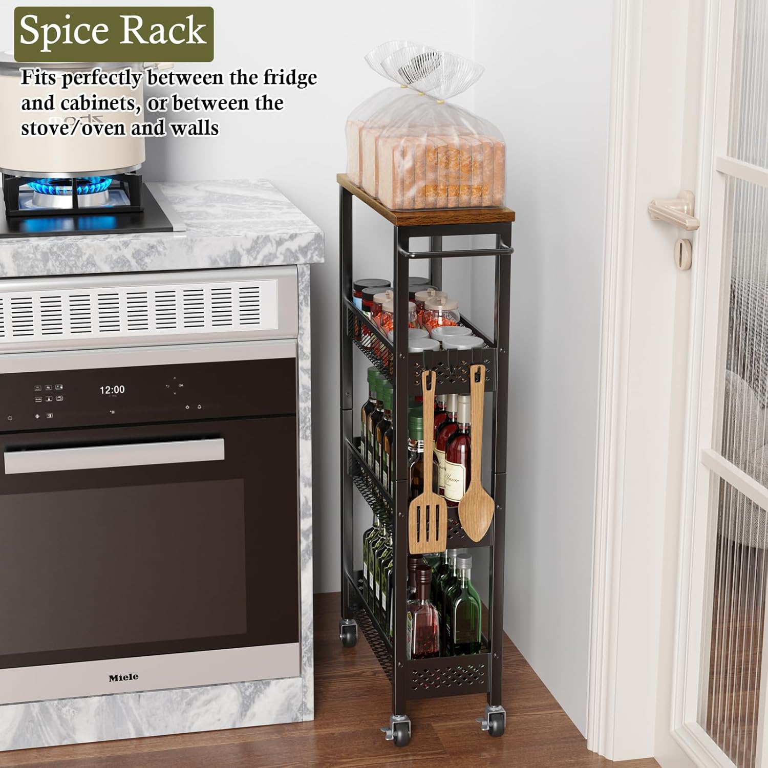 4-Tier Slim Rolling Cart with Wooden Tabletop,Mobile Metal Utility Storage Cart,Slide Out Narrow Cart for Tight Spaces on Bathroom Kitchen Laundry Room Bedroom Apartments Dormitory Deals For You Days