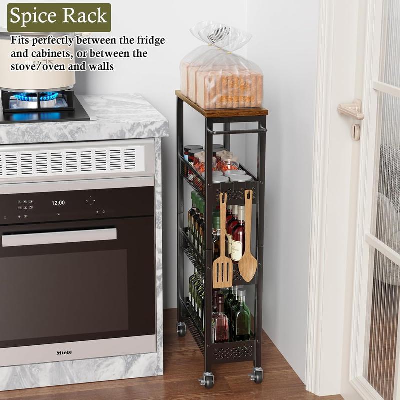 4-Tier Slim Rolling Cart with Wooden Tabletop,Mobile Metal Utility Storage Cart,Slide Out Narrow Cart for Tight Spaces on Bathroom Kitchen Laundry Room Bedroom Apartments Dormitory Deals For You Days