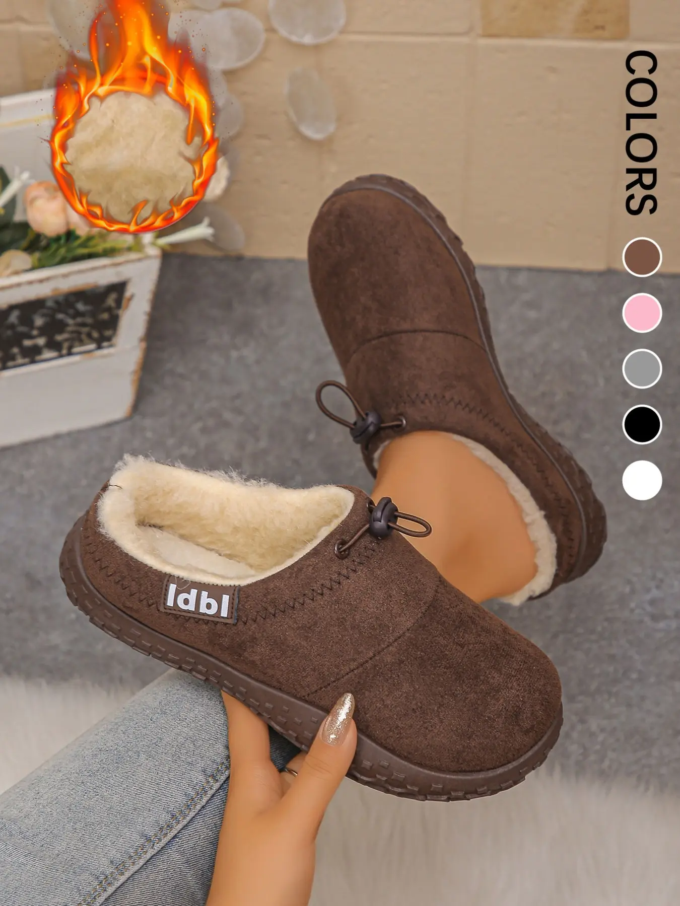 Women's Fleece Lined Suede Slip-On Mule Winter Warm Flats, Adjustable Drawstring Closed Toe Indoor Outdoor Snow Slippers, Warm House Slippers