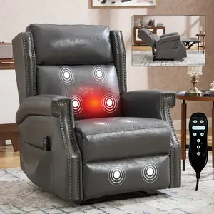 ARCH Grey Manual Recliner Chair Faux Leather Living Room Heavy Duty Motion Mechanism 8 Vibrating Nodes 3 Massage Modes Reclining Seat with Massage for Home Theater Relaxation, Dining Room Chairs for Kitchen, Dining Room, Living Room