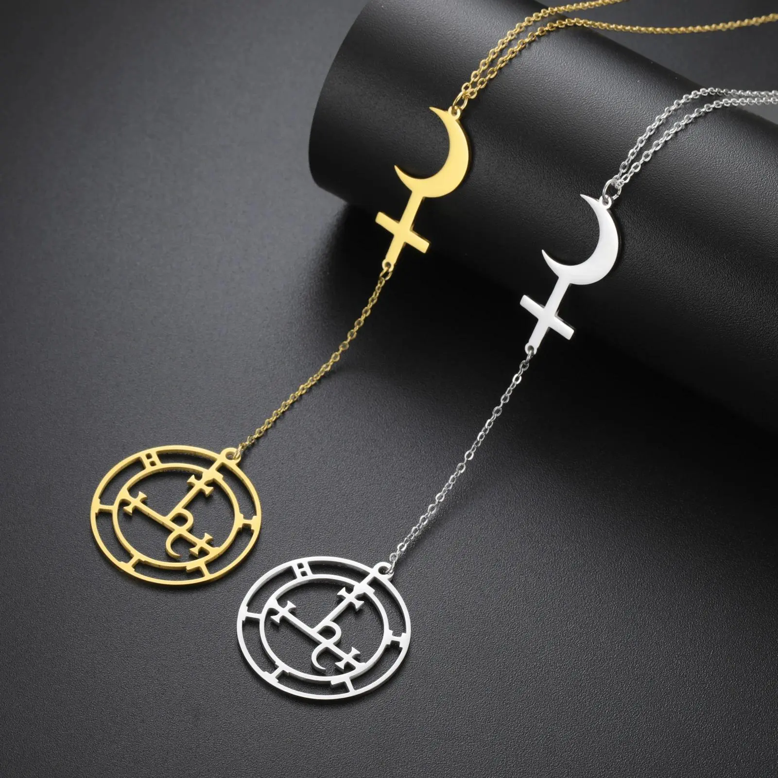 Bent Moon Inverted Cross Sigil of Lilith Pendant Necklace for Women Men Stainless Steel Demon Seal Marbas Solomon Amulet Jewelry