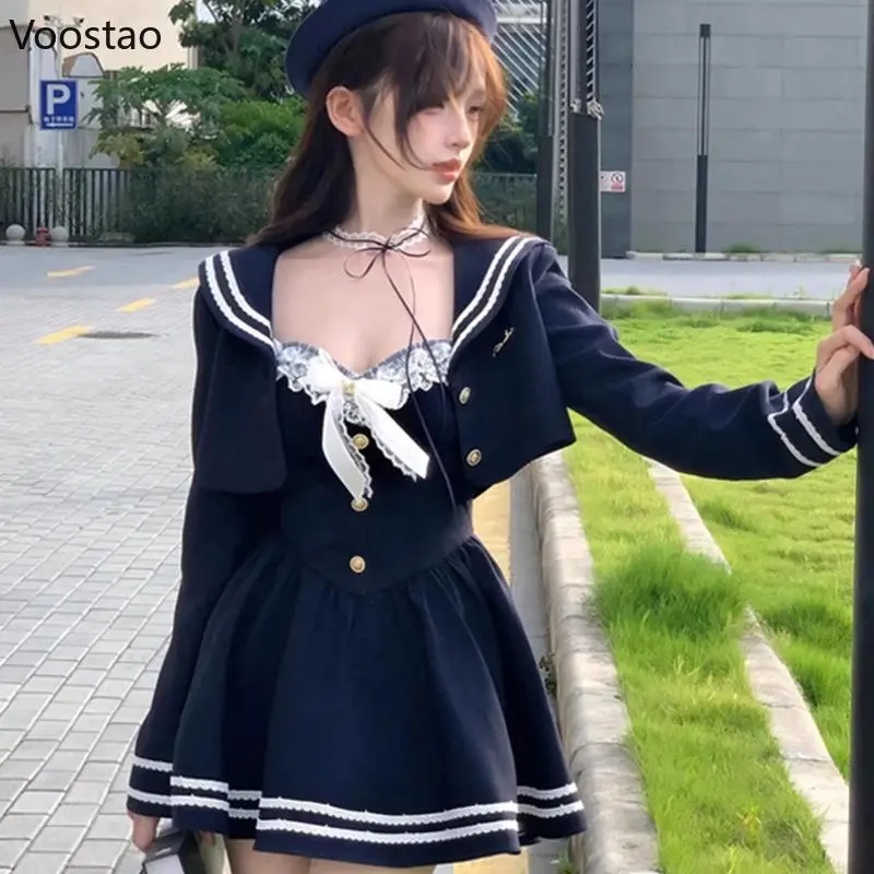 Japanese Preppy Style Jk 2 Piece Set Women Kawaii Lace Bow Spaghetti Strap Dress Crop Coat Suit Female Korean Lolita Outfits