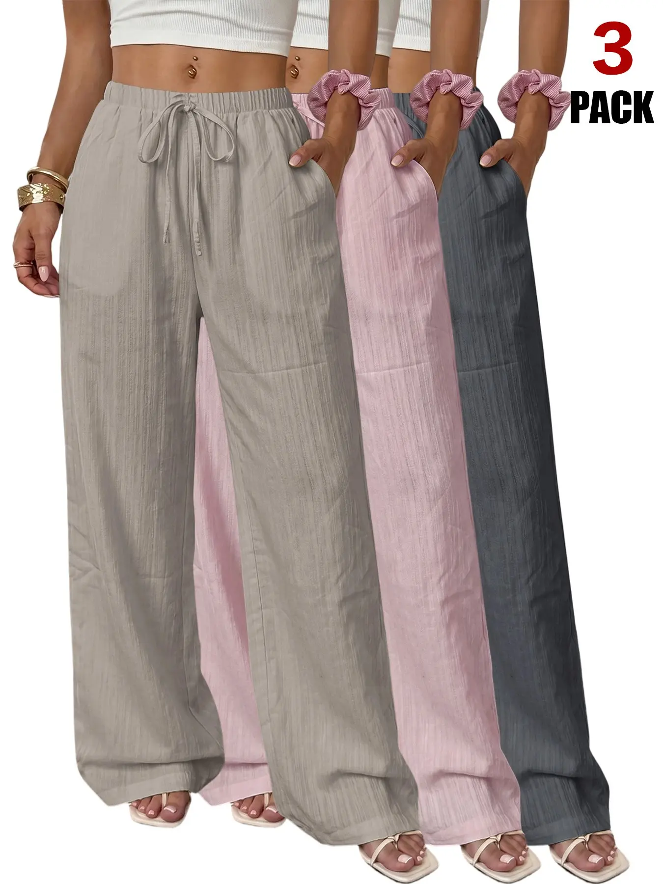 3 Pack Wide Leg Pants, Elastic Drawstring Waist, Soft Wrinkle Fabric, All-Season Wear, Deep Side Pockets, Loose Fit
