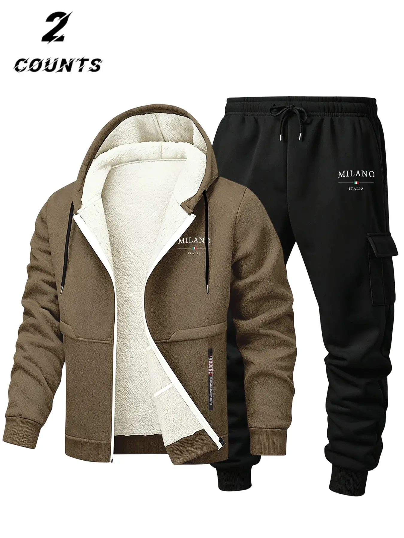 Men's Fall Winter Fleece Lined Hoodie Set, Milano Italia Letter Print Zip-Up Long Sleeve Jacket & Cargo Pants, Casual Warm Two-Piece