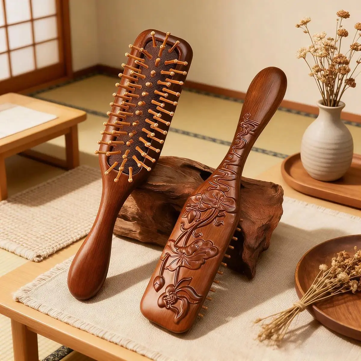 Vintage Wooden Air Cushion Hair Brush - Anti-Tangle Detangler, Scalp Massage Tool, Compact Daily Grooming Comb