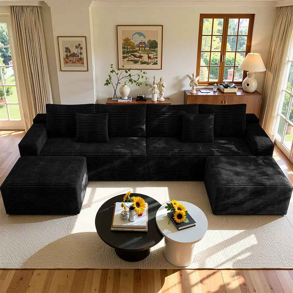 138" U-Shape Sectional Cloud Couch with Ottoman Modular Deep Seating Sofa, Oversized 6-Seater Boneless Couch，Premium High-Density Foam & Plush Corduroy, Upholstered Soft Couch, Modern Living Room Furniture Durable Comfortable Design, No Assembly Required