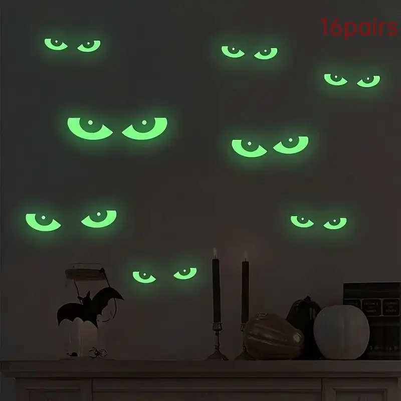 16 Pairs Halloween Glow-In-The-Dark Window Stickers, Removable Fluorescent Wall Decals, Home Decor for Walls and Windows, Halloween Eye Stickers