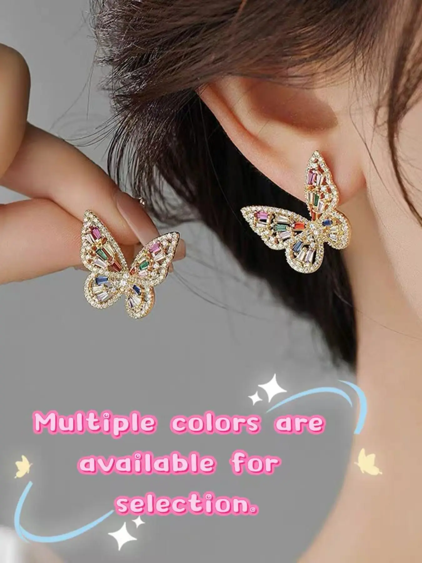 Colorful Butterfly Stud Earrings, French Chic Luxury Style, Hollow Out Full Setting, Colorful Zircon Gold Edge, Face Shape Enhancer, Summer Earrings, Stud Earring Jewelry, Zircon Studs