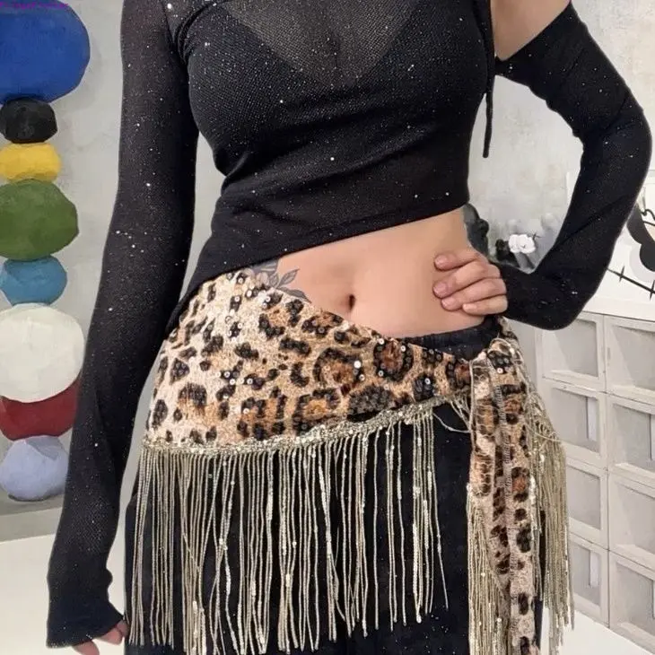 Leopard Print Sequin Hip Scarf – Jazz Dance Waist Wrap, Great for Street & Belly Dance