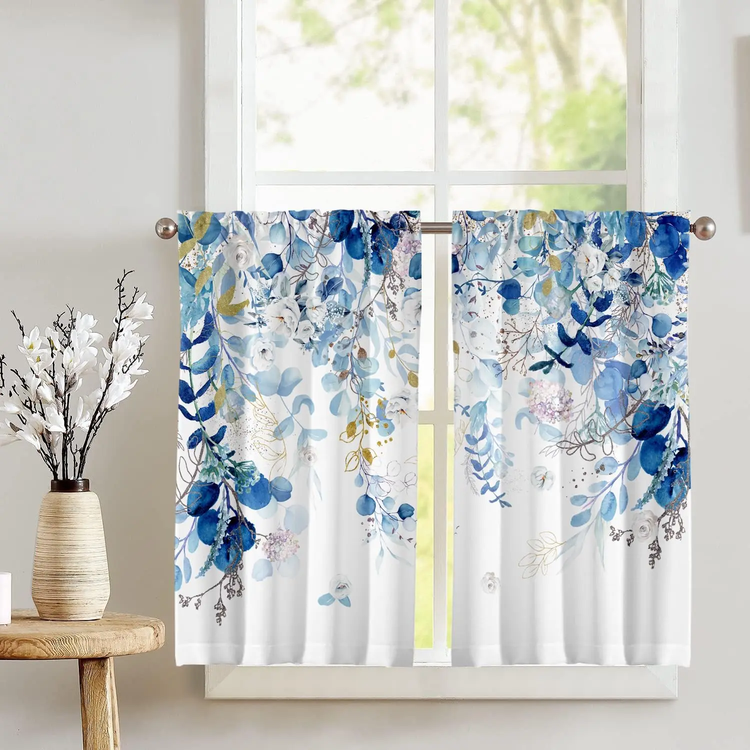 Blue Eucalyptus Leaves Kitchen Curtains Watercolor  Floral Curtains 39 Inches Spring Summer Blue and White Cafe Small Drapes  for Bathroom RV Camper Light Filtering Rod Pocket 2 Panels