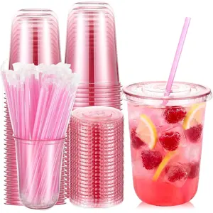 50 Sets Clear Round Bottom Cups with Lids and, Cute Disposable Drinking, for Christmas Valentine's Galentine's Day Wedding Birthday Supplies (16oz,Pink)